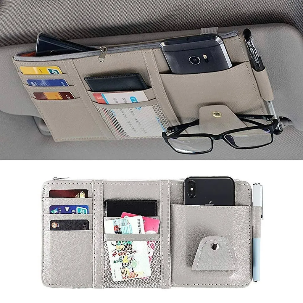 Car Sun Visor Organizer  Car Accessories Car Sun Visor Organizer, Sunglass Pen Card Small Document Storage Pouch Holder, PU Leather, Multi-Pocket with Zipper Net