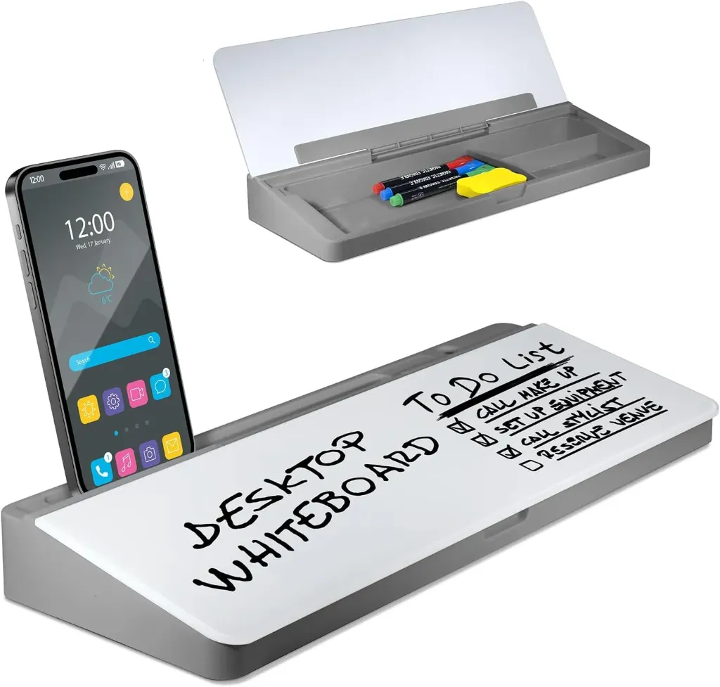 Desktop Whiteboard - Glass Dry Erase White Board - Desk Computer Buddy – Home Office & Studying Essentials - Desktop Pad with Phone & Tablet Slot, Storage Compartment