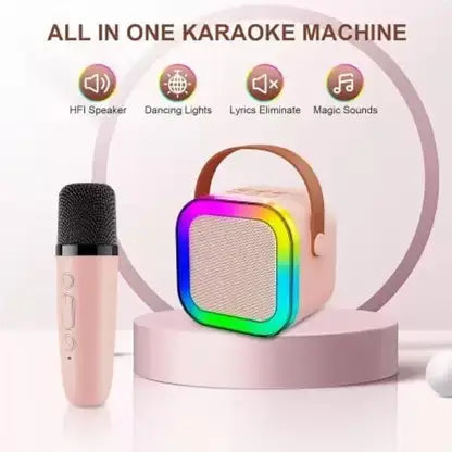 [k12-wireless-speaker-mic] Portable Karaoke Speaker with Wireless Microphone, Bluetooth Music Speaker, Colorful LED Lights, USB, TF Card & AUX Support for Home, Outdoor & Birthday Parties (Color May Vary)
