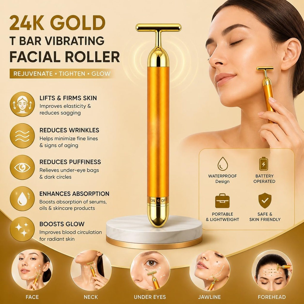 24K Gold Energy Beauty Bar Electric Facial Massager Vibration Face Roller Skin Tightening Anti Aging Tool, Wrinkle Remover for Face Neck Jawline