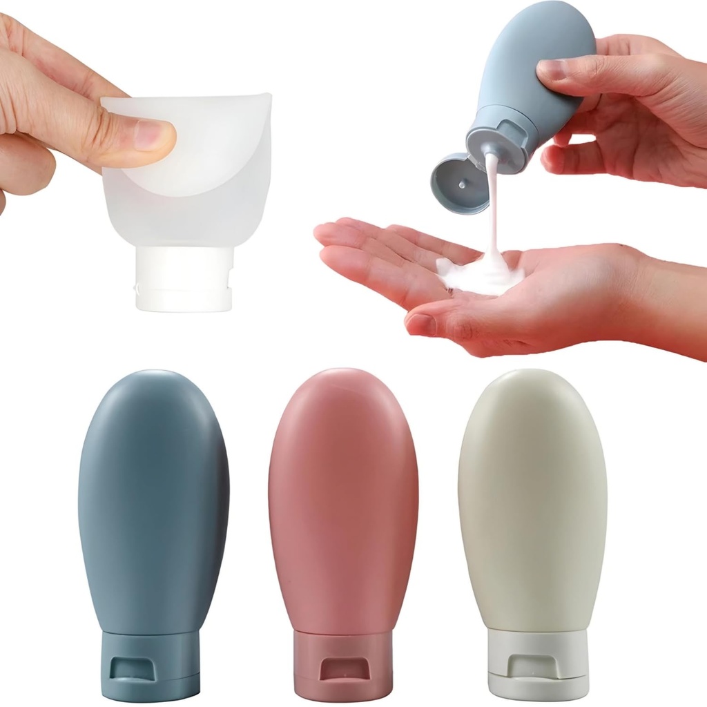 20739 (3 PCS) Travel Bottle Set 60ml Empty Silicone Plastic Shampoo Shower Gel Lotion Refillable Liquid Container Squeeze Cosmetic Portable Tube Small Size Leakproof for Travelling