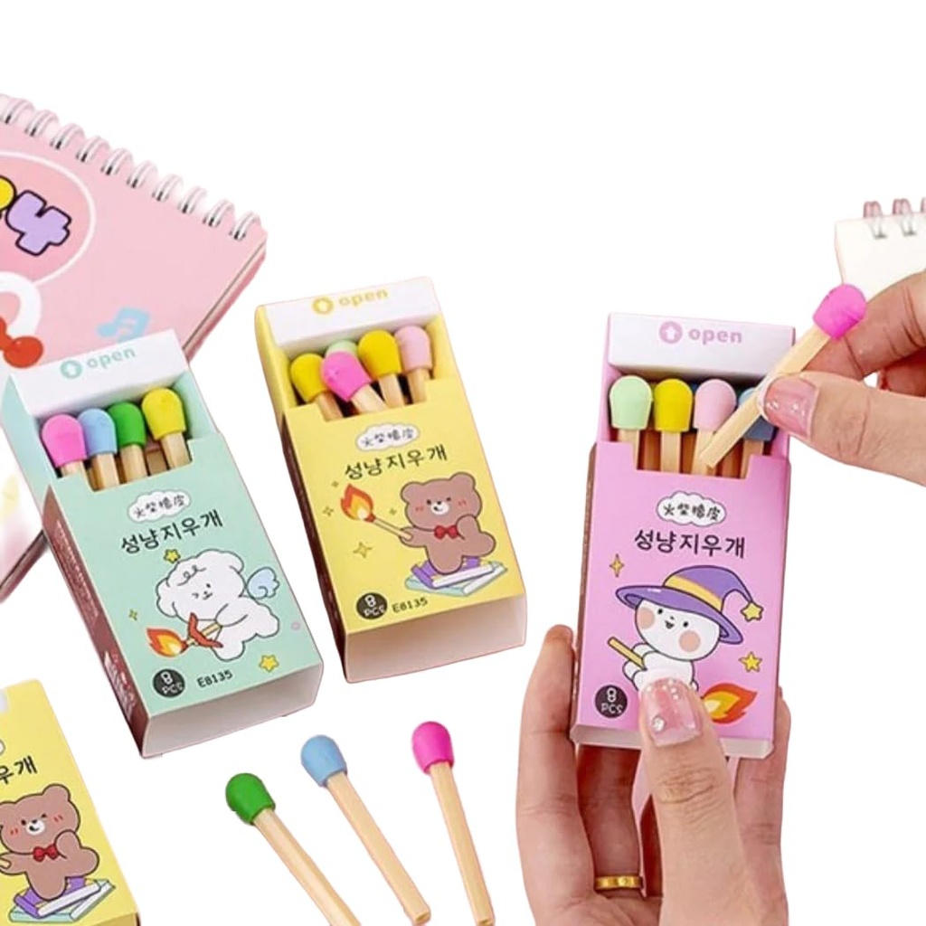 Matchstick Shape Eraser Set for Kids, Cute Matchbox Design, 8 Mini Cartoon Rubber Erasers, for School, Drawing & Stationery Collection (Pack of 2)