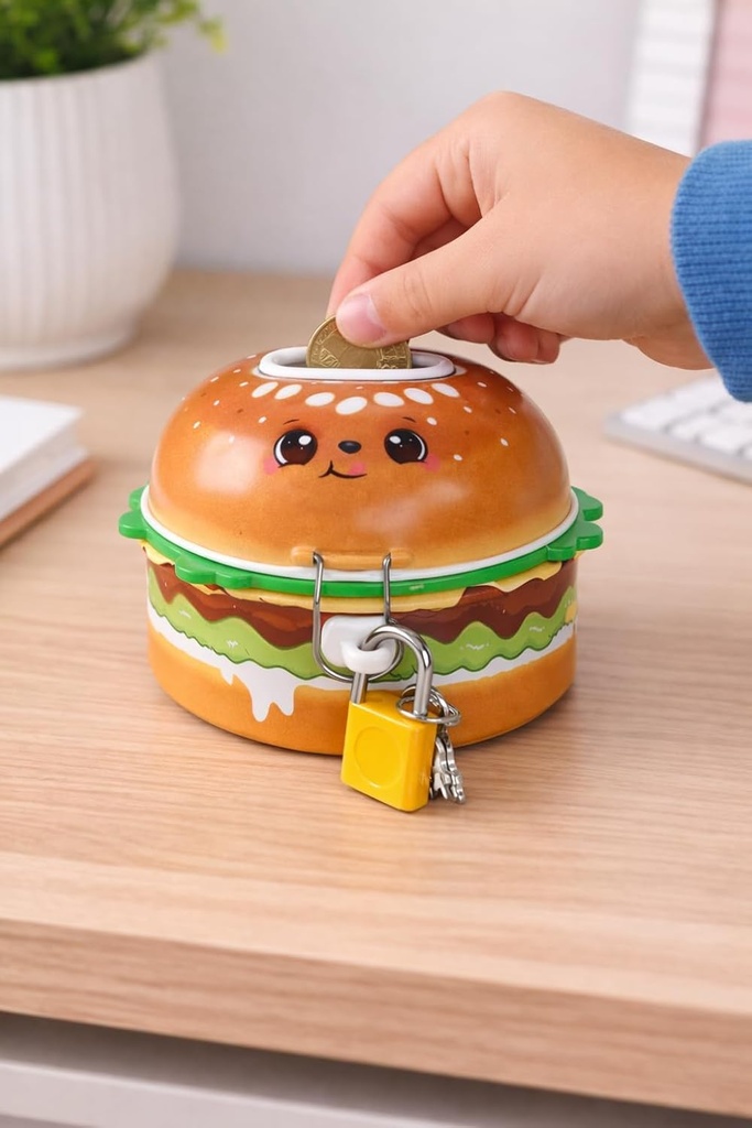 Cute Burger Shape Coin Box with Lock & Key | Cartoon Burger Piggy Bank for Kids | Metal Money Saving Box for Boys & Girls