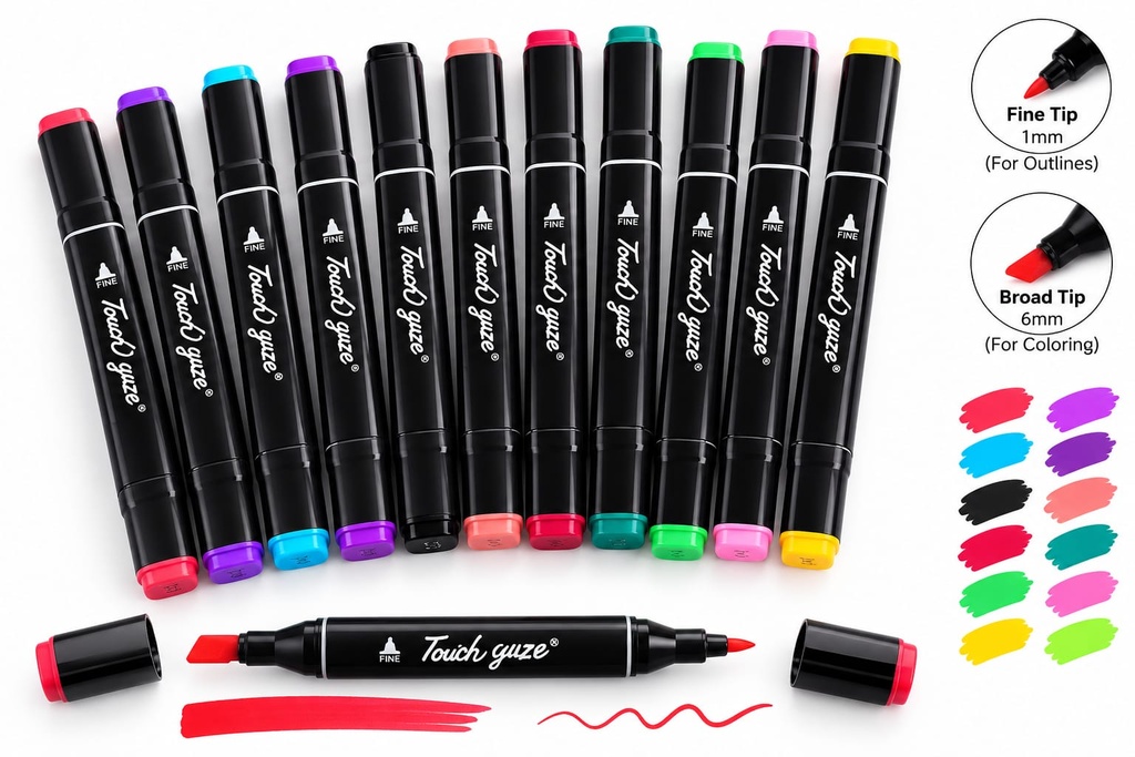 [50952-dual-tip-colorful-art-markers-sketch-pens-12-colors-with-carrying-case-for-painting-sketching-calligraphy-drawing] (12 Colors) Dual Tip Colorful Art Markers Sketch Pens  With Carrying Case For Painting