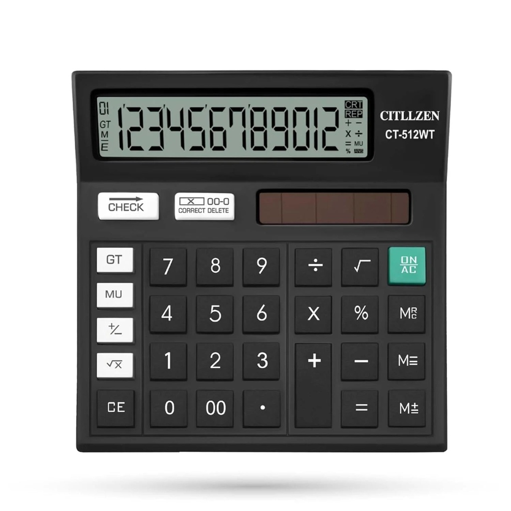 [ct-512wt-desktop-calculator-12-digit-lcd-display-black-solar-and-battery-powered-basic-office-calculator] WT Desktop Calculator, 12-Digit LCD Display, Black, Solar and Battery Powered, Basic Office Calculator