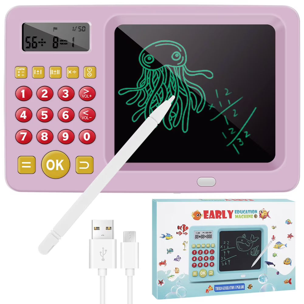 Rechargeable Early Education 2 in-1 Montessori Electric Math Calculator Toy Tablet with LCD Screen for Kids, Children, Toddler Maths Learning & Training Machine {Pink/ Blue}