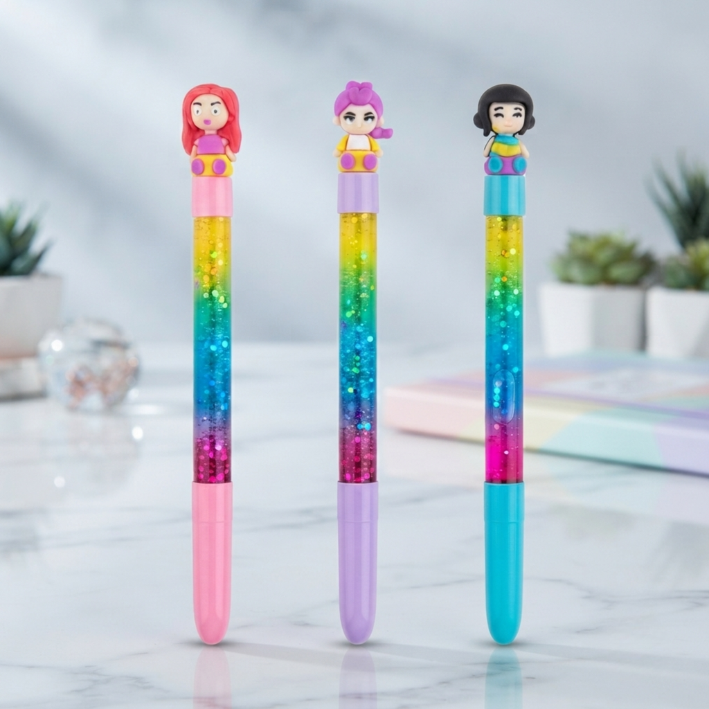 {12 Pcs} Cute Glitter Gel Pens with Doll Topper | Rainbow Colours Glitter Pens for Kids | Smooth Writing