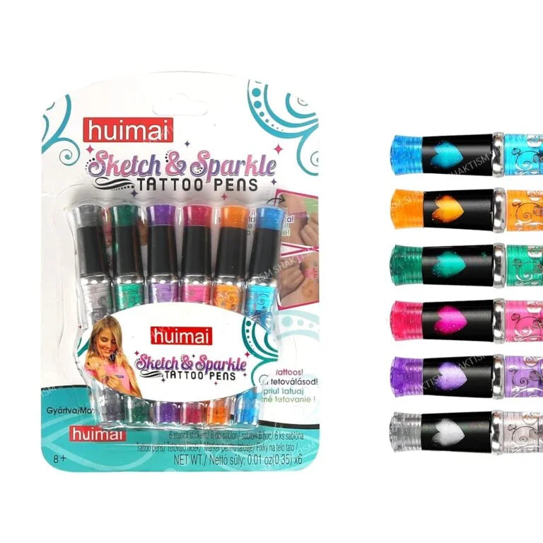 Sketch and Sparkle Tattoo Pens Activity toy Set with Stencils for kids and all (PACK OF 6 MULTICOLOUR)
