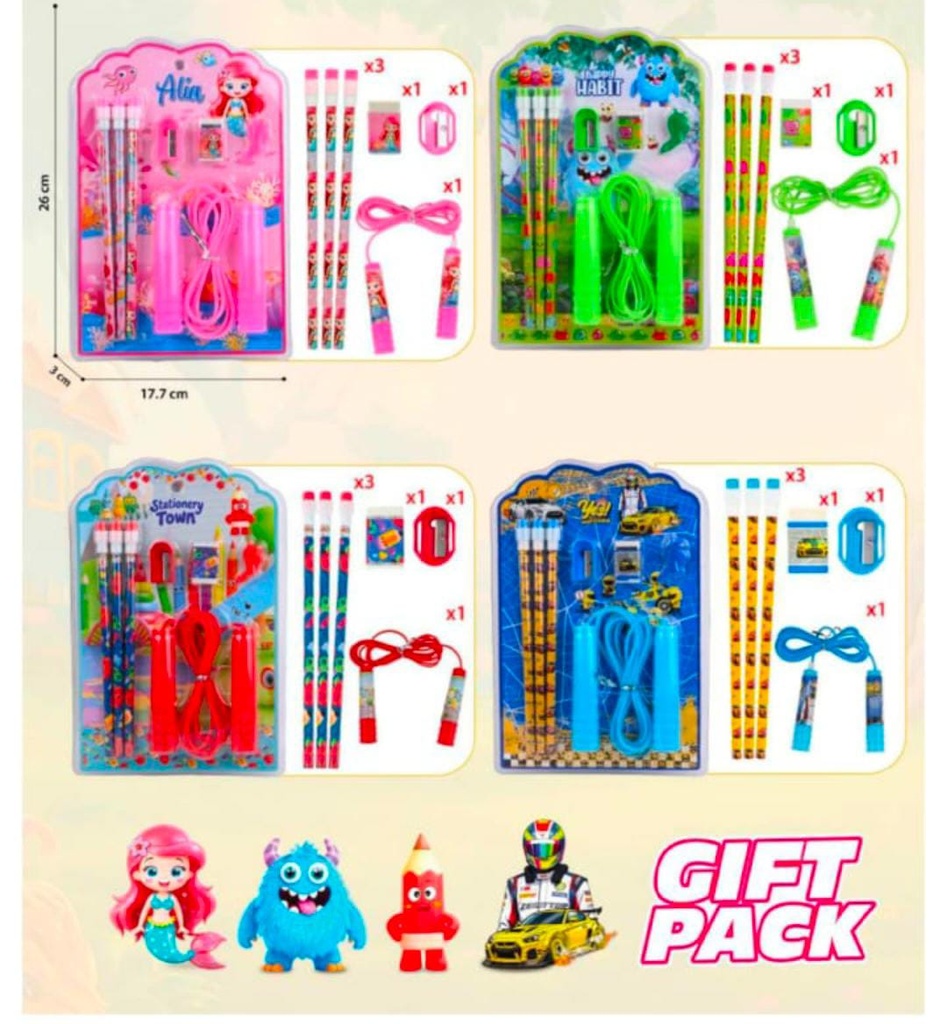 Stationery Set for Kids - 6 Pcs Combo | Includes Pen, Pencil, Sharpener, Eraser, and Skipping Rope | Perfect Birthday Return Gifts for Girls and boys