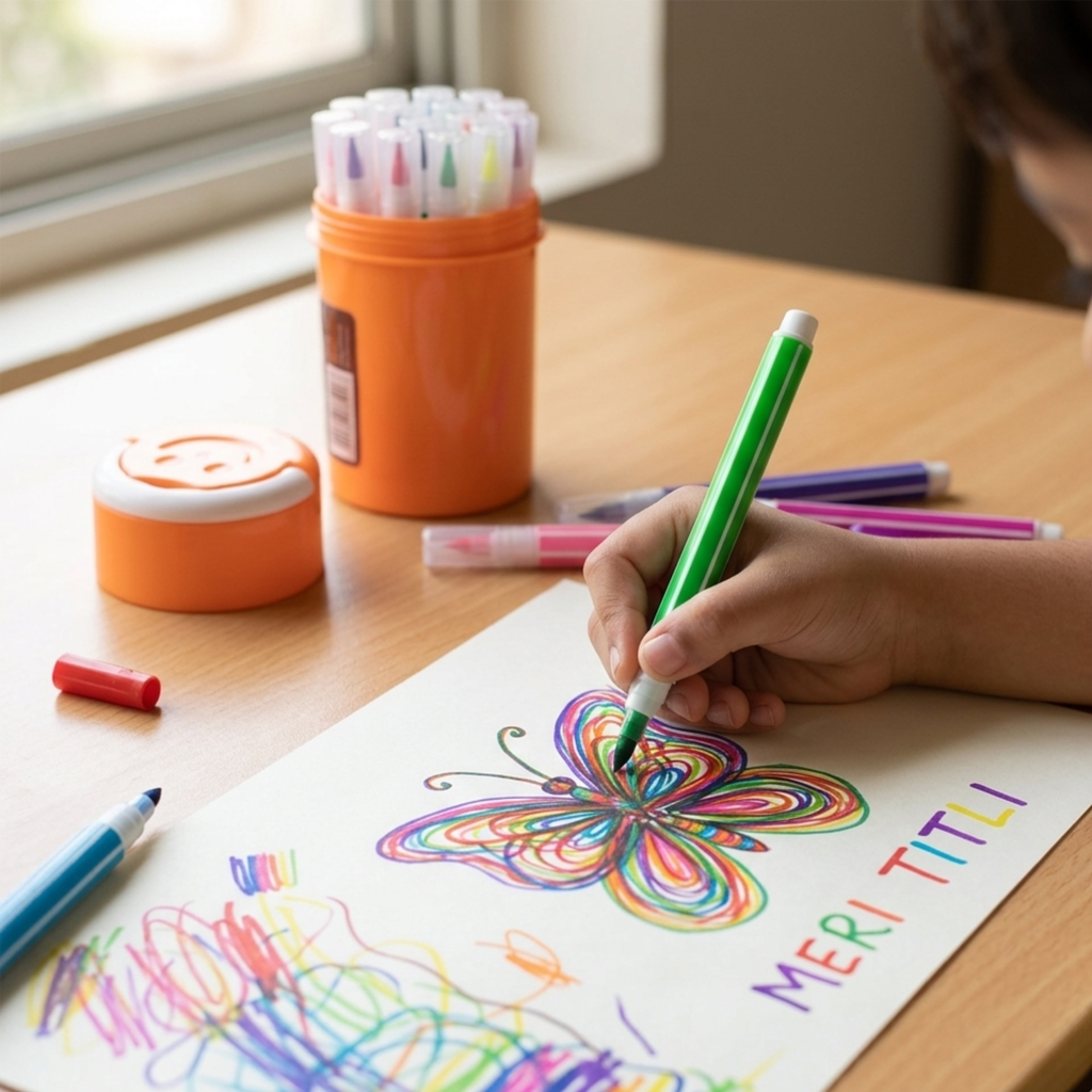 12 Colors Washable Sketch Pen Set with Storage Jar | Non-Toxic Drawing Markers for Kids, School & Art Projects