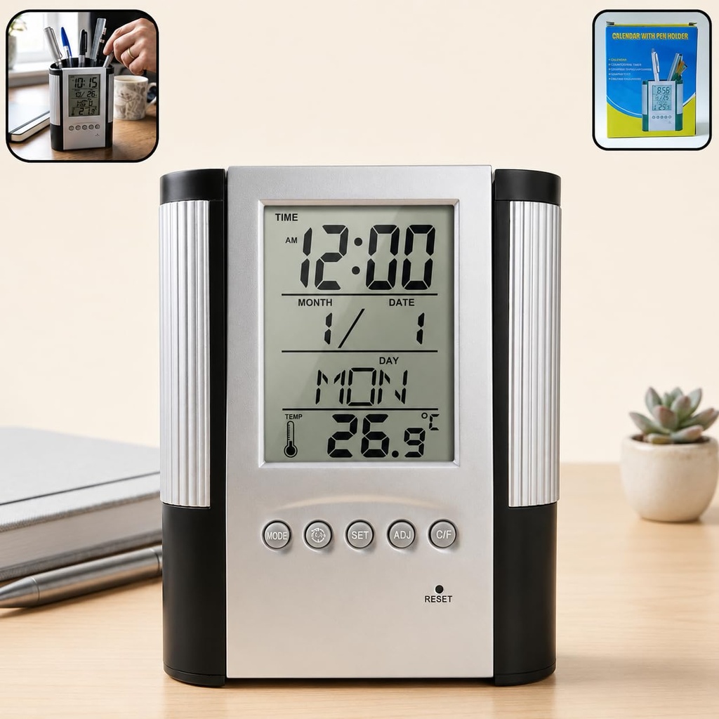 Digital Clock Pen Holder for Smart Desk Setup, LCD Time Calendar Temperature Display & Alarm