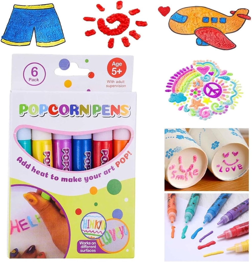 {6 Pcs} Crackles Popcorn Drawing Pen Magic Puffy 3D DIY Colorful Art Safe kids Marker for Birthday Gift Colour Pen Set Of 6 Pop up Effect pens for Kids
