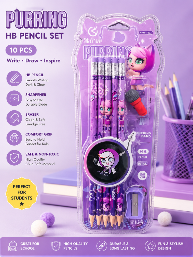 School 10 Pcs Pencil with Sharpener & Eraser Set  {Random Color}