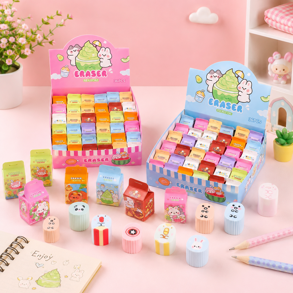 [ pack of 36 ]Cute Cartoon Eraser Set – Colorful Novelty Erasers for Kids, School & Stationery