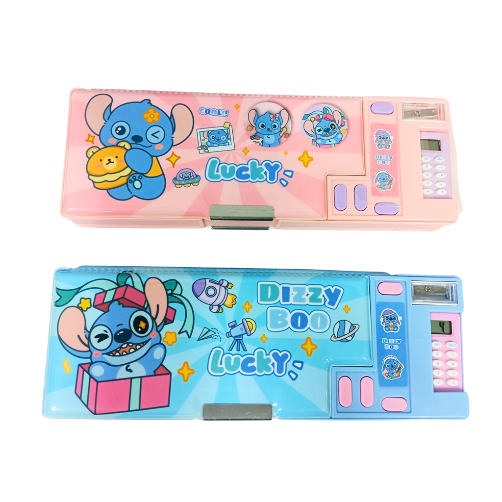 New Durable Space Multifunctional School Pencil Box with Calculator Cute Cartoon Stationary Compass Geometry Kids with Ruler Eraser Sharpener Box {Pick / blue }