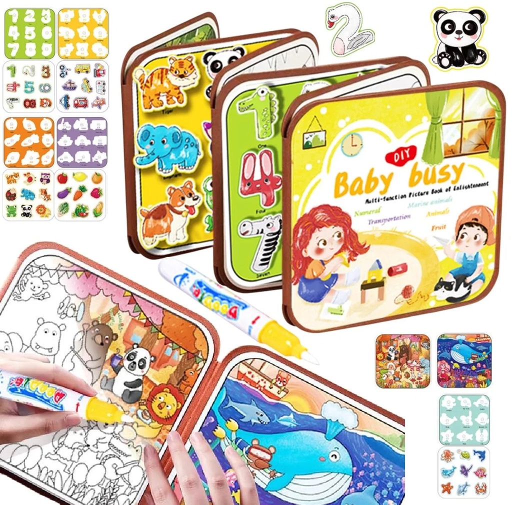 Water Magic Coloring Busy Books with Refillable Pen – 2 in 1 Busy Binder for Toddlers No-Mess Water Reveal Activity Book Set for Kids – Reusable Travel-Friendly