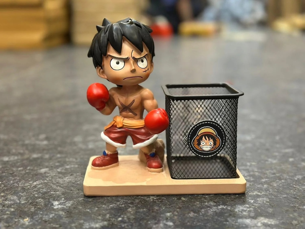 MAGIC WOOD Creative Anime-Inspired Desk Organizer Featuring a Boxing Figurine of Luffy from One Piece with a Matching Pen Holder