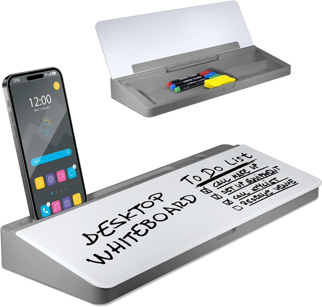 Desktop Whiteboard - Glass Dry Erase White Board - Desk Computer Buddy – Home Office & Studying Essentials - Desktop Pad with Phone & Tablet Slot, Storage Compartment
